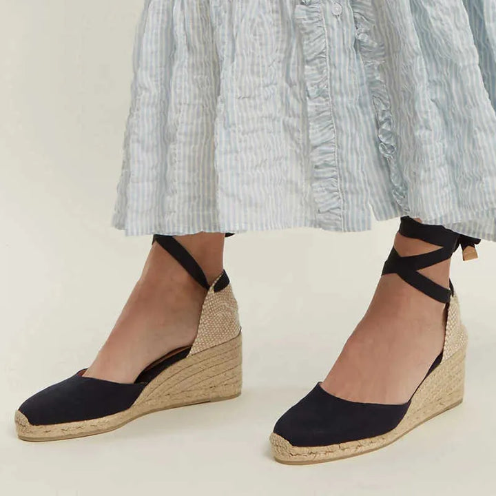 Dames Espadrilles Met Sleehak En Enkellinten Om Te Strikken in Zwart