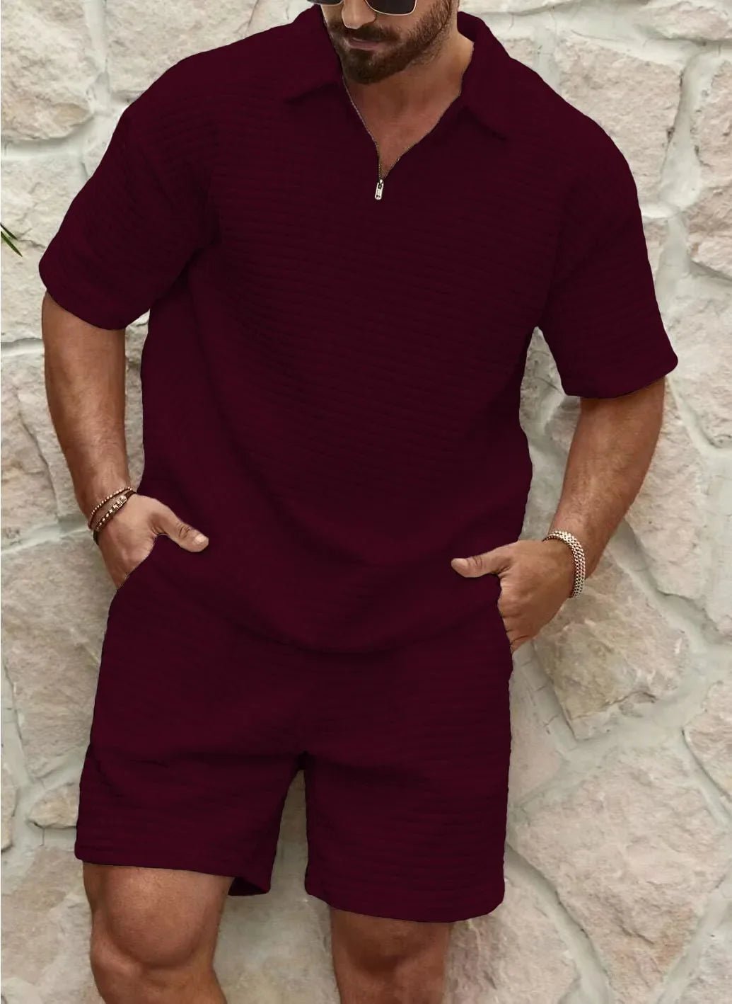 Heren Zomerset Met Poloshirt En Bijpassende Short in Bordeaux
