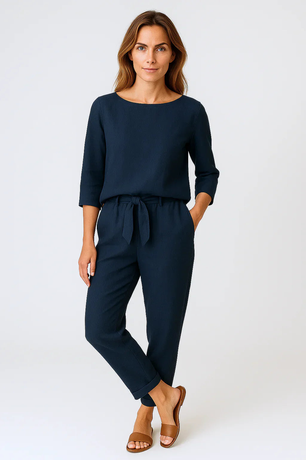 Dames Tweedelige Set Met Losse Top En Broek Met Strikband in Donkerblauw