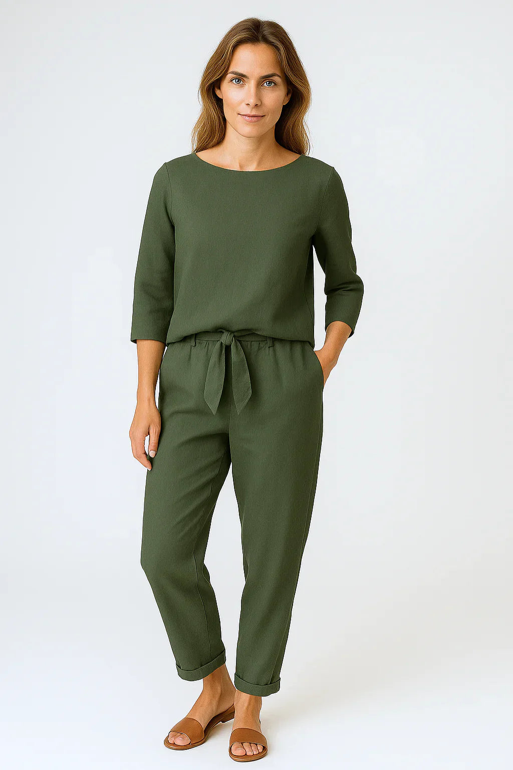 Dames Tweedelige Set Met Losse Top En Broek Met Strikband in Olijfgroen