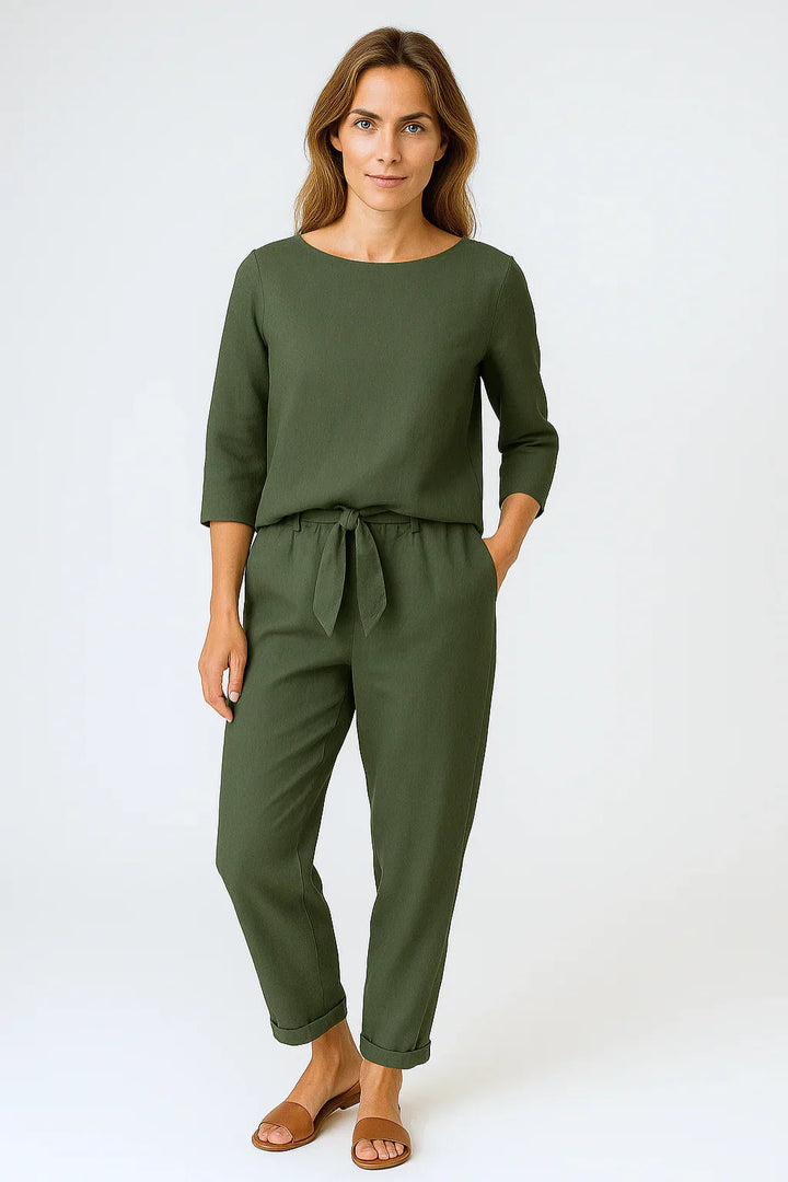 Dames Tweedelige Set Met Losse Top En Broek Met Strikband in Olijfgroen