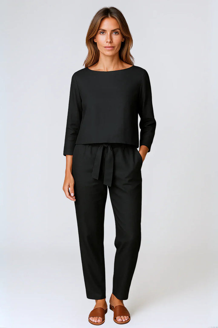 Dames Tweedelige Set Met Losse Top En Broek Met Strikband in Zwart