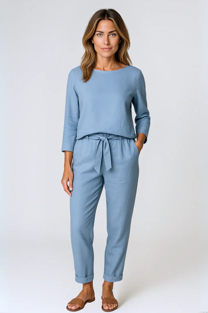 Dames Tweedelige Set Met Losse Top En Broek Met Strikband in Lichtblauw