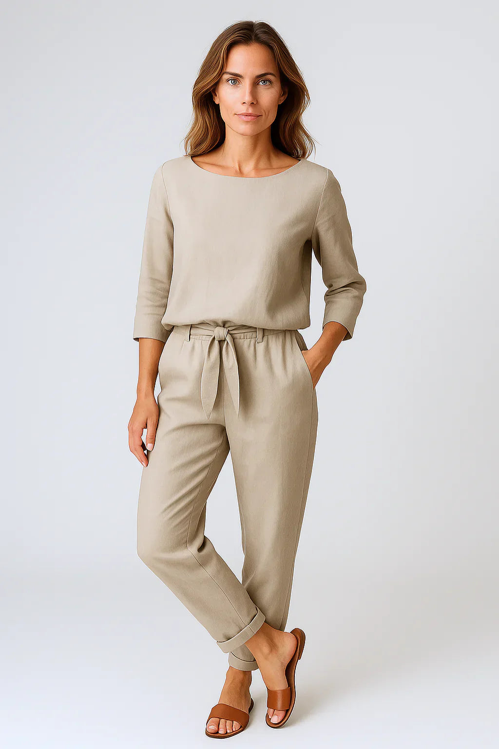 Dames Tweedelige Set Met Losse Top En Broek Met Strikband in Beige