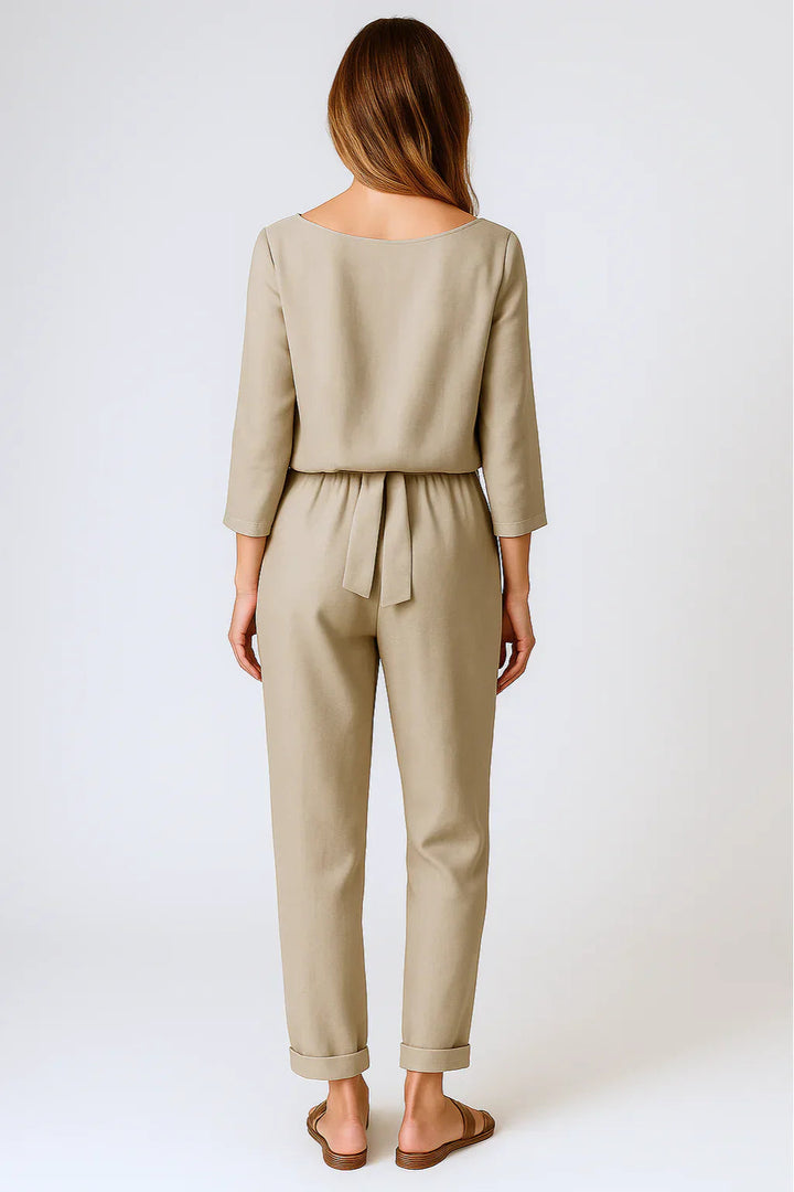 Dames Tweedelige Set Met Losse Top En Broek Met Strikband in Beige, achteraanzicht