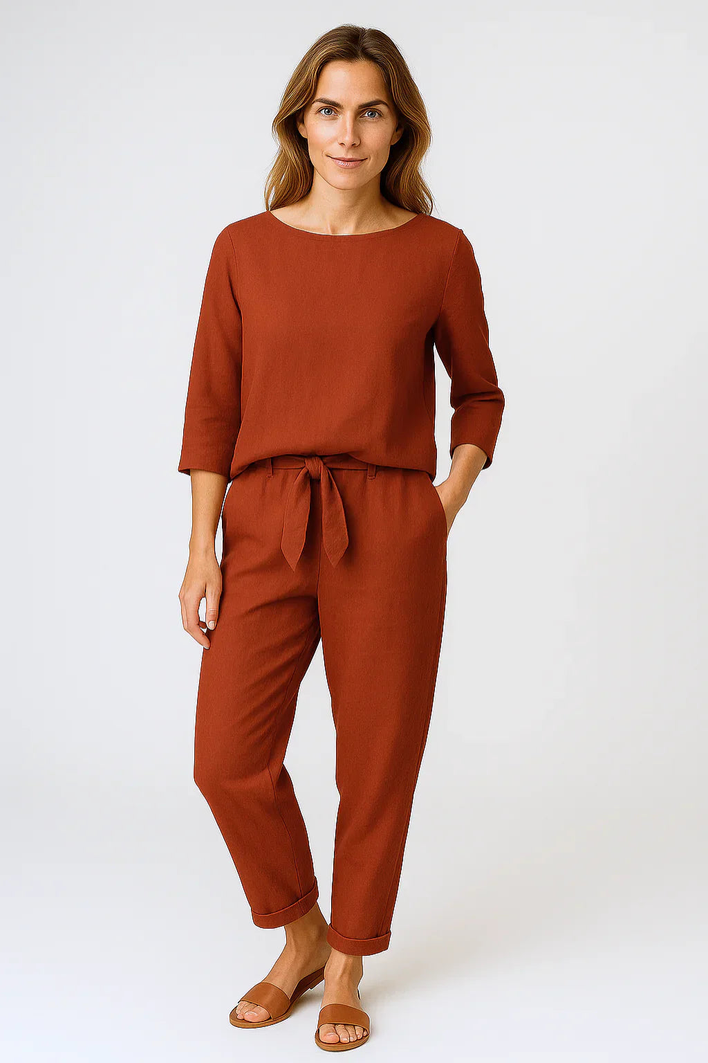 Dames Tweedelige Set Met Losse Top En Broek Met Strikband in Baksteenrood