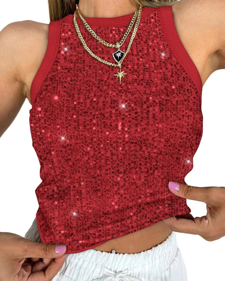 Dames Feestelijke Mouwloze Pailletten Top Met Ronde Hals in Rood