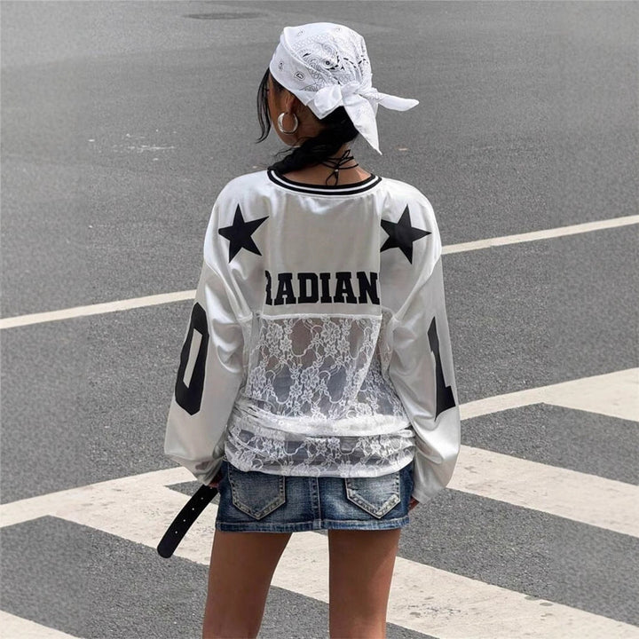 Dames Sportieve Jersey Top Met Kantdetail En Sportprint detailfoto 5