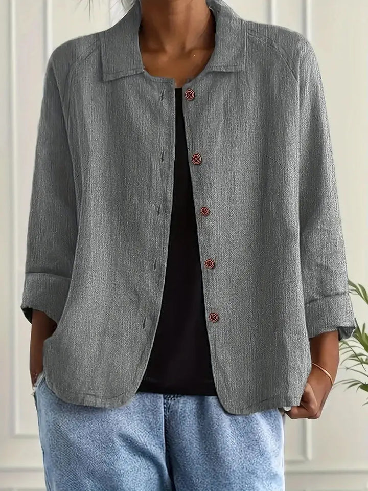 Dames Licht Jasje In Linnenlook Met Kraag En Knoopsluiting in Lichtgrijs