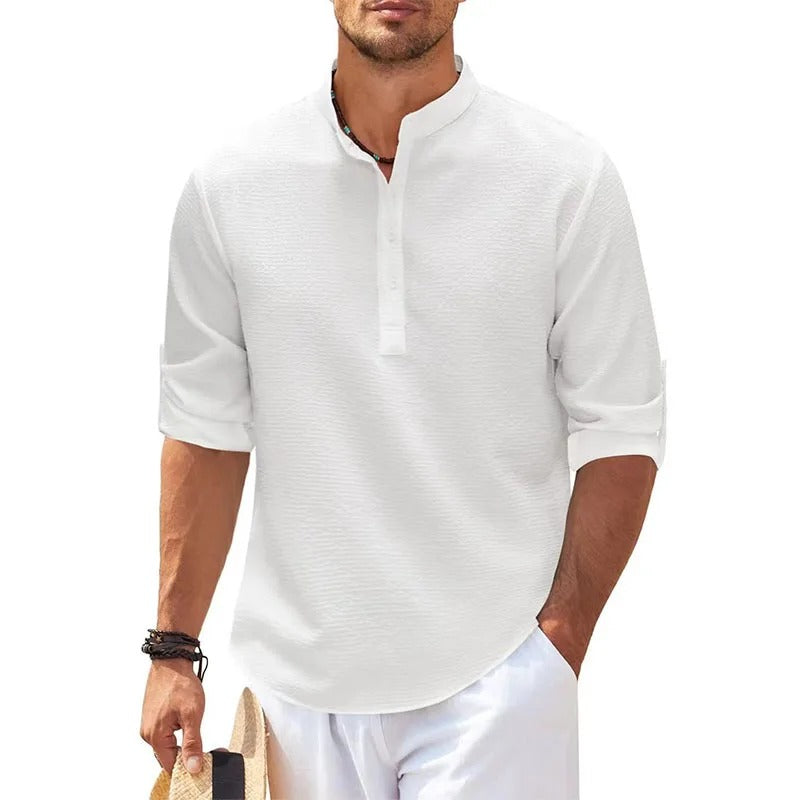 Heren Henley Overhemd Met Opstaande Kraag En Structuurstof in Wit