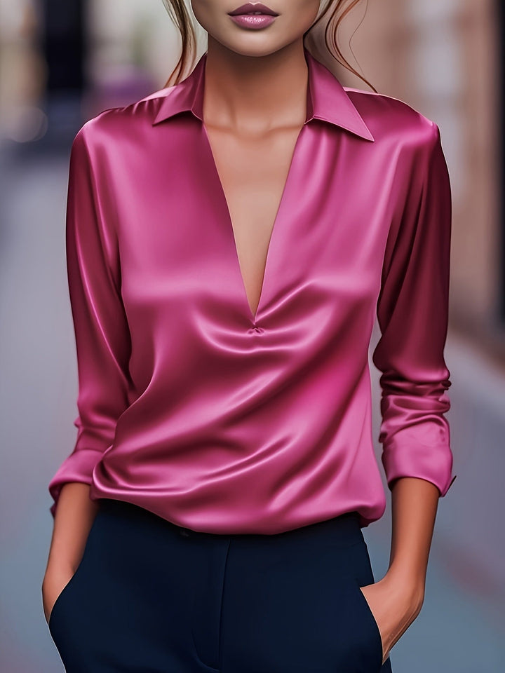 Dames Veelzijdige Blouse Met Satijnen Look En Diepe V Hals in Roze