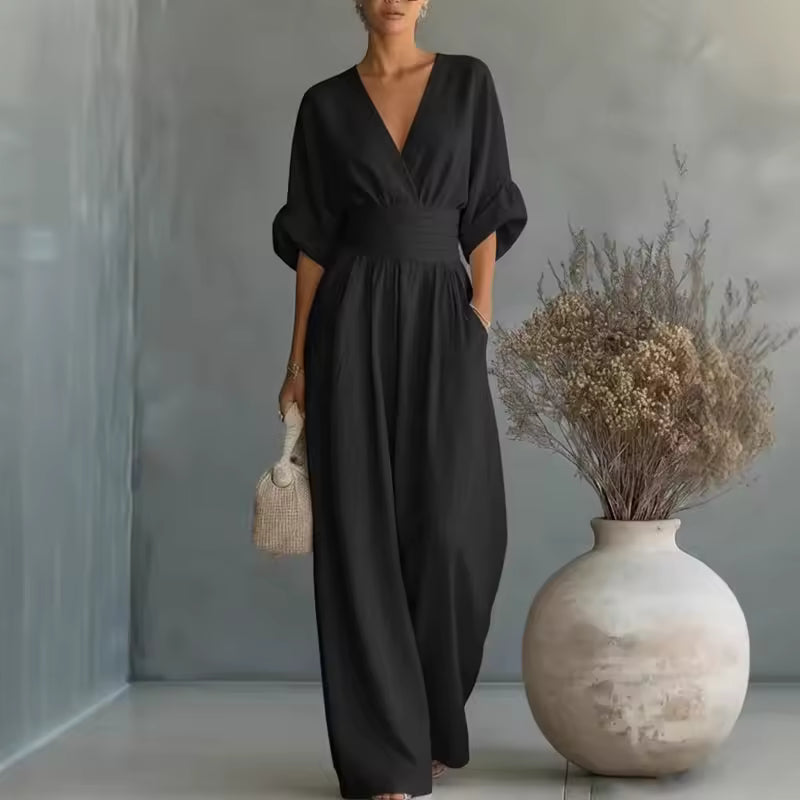Dames jumpsuit met V-hals en wijde pijpen - afbeelding 3