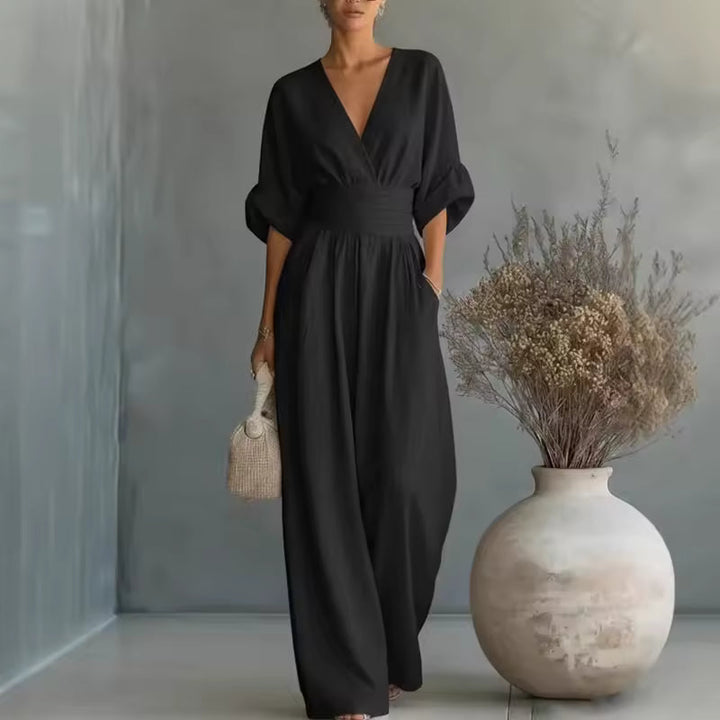 Dames jumpsuit met V-hals en wijde pijpen - afbeelding 3