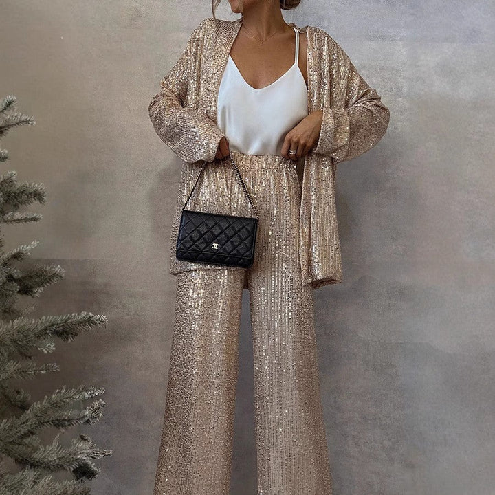 Dames Feestelijke Pailletten Set Met Wijde Broek En Blazer in Beige
