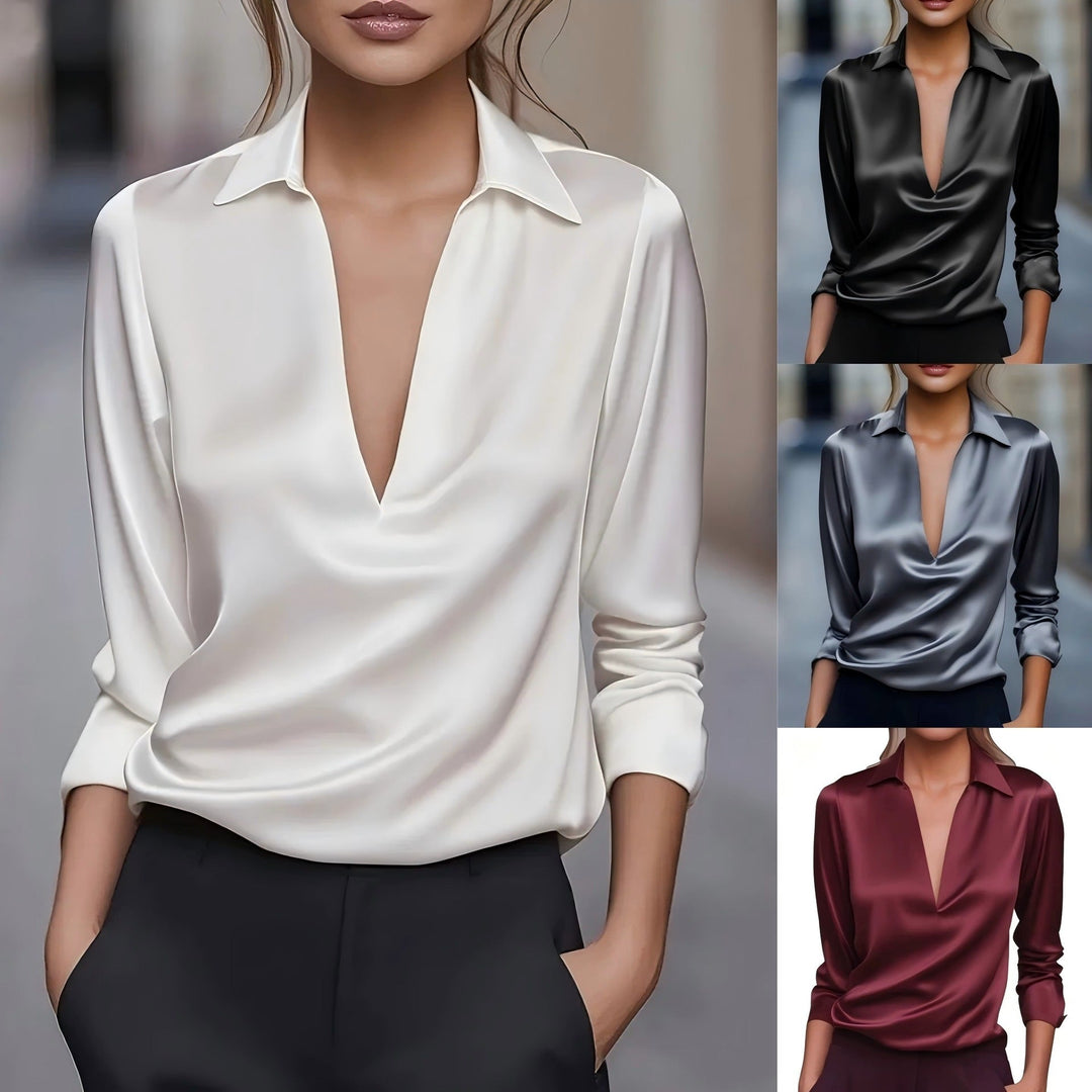 Dames Veelzijdige Blouse Met Satijnen Look En Diepe V Hals detailfoto 10