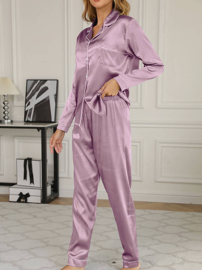Dames Pyjamaset In Satijnlook Met Contrastbies En Lange Broek in Lila