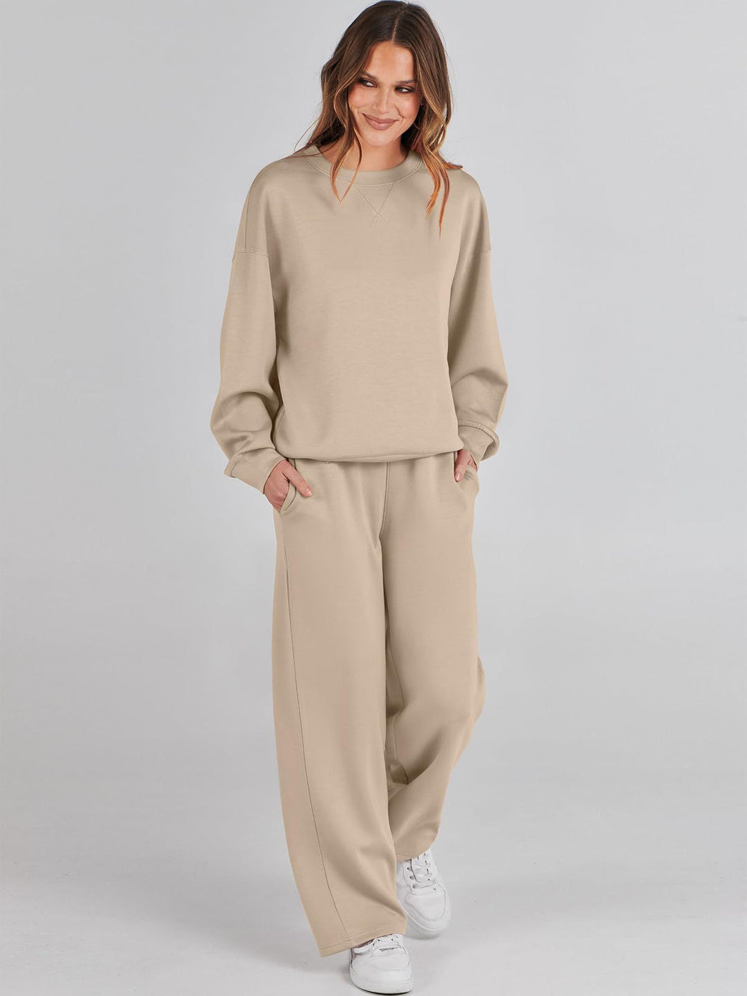 Dames Comfortabele Tweedelige Sweater Set Met Hoge Taille in Khaki