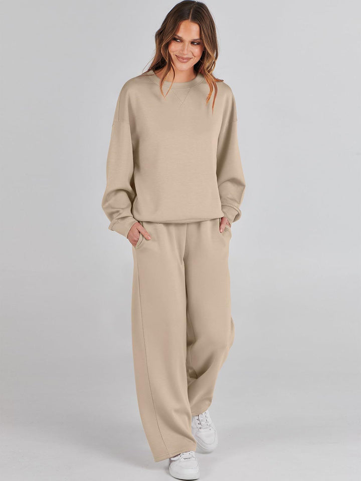 Dames Comfortabele Tweedelige Sweater Set Met Hoge Taille in Khaki