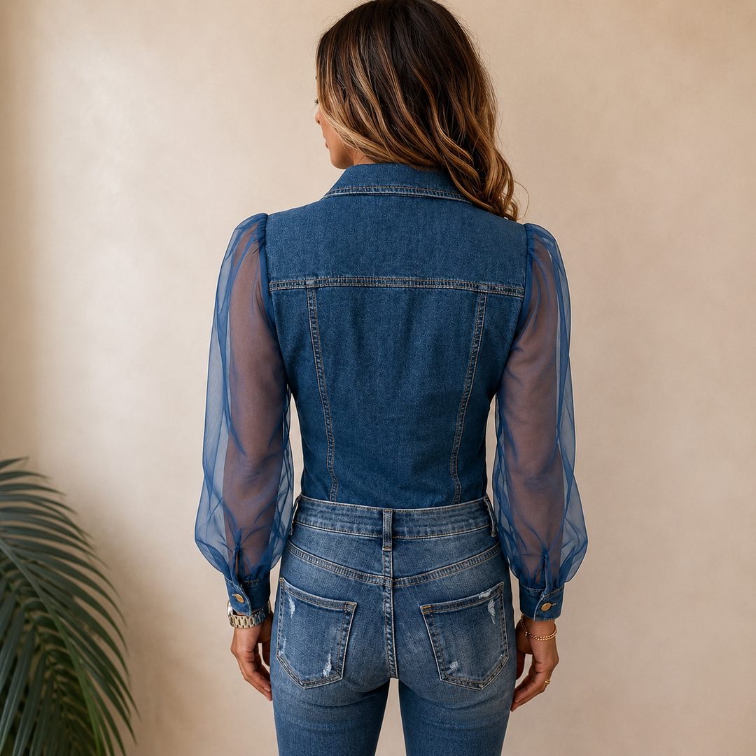 Dames denimlook blouse met organza mouwen - afbeelding 2