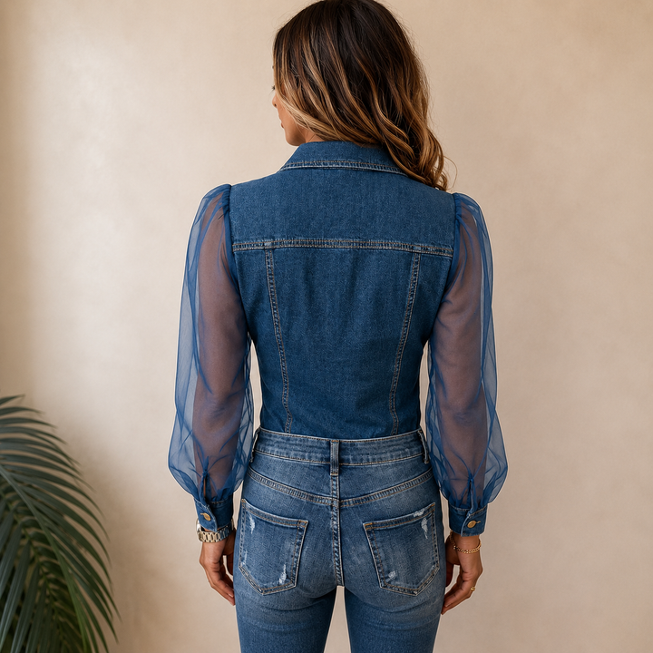 Dames denimlook blouse met organza mouwen - afbeelding 2
