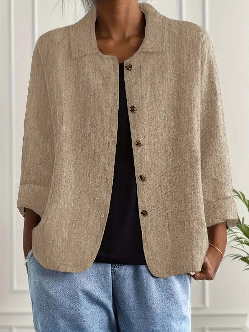 Dames Licht Jasje In Linnenlook Met Kraag En Knoopsluiting in Khaki