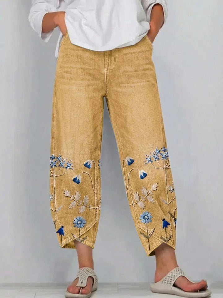 Dames cropped broek met bloemenborduursel en gesplitte zoom - afbeelding 3