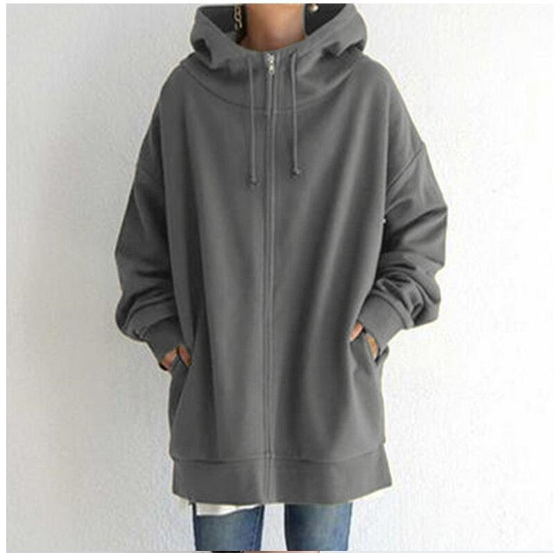 Dames Comfortabele Oversized Hoodie Met Rits En Capuchon in Grijs