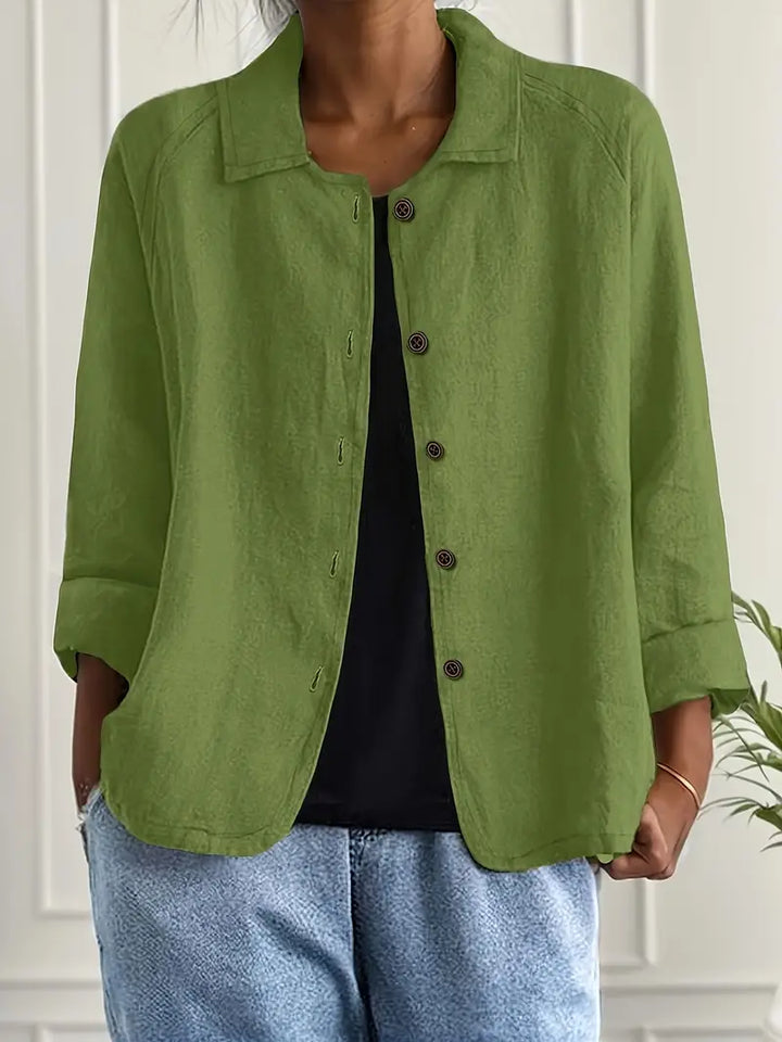 Dames Licht Jasje In Linnenlook Met Kraag En Knoopsluiting in Groen