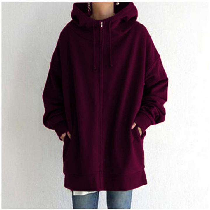 Dames Comfortabele Oversized Hoodie Met Rits En Capuchon in Aubergine
