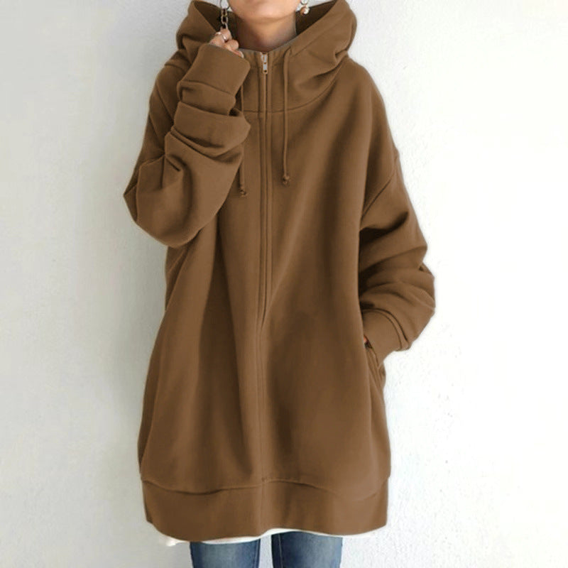 Dames Comfortabele Oversized Hoodie Met Rits En Capuchon in Bruin