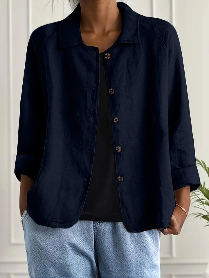 Dames Licht Jasje In Linnenlook Met Kraag En Knoopsluiting in Marineblauw