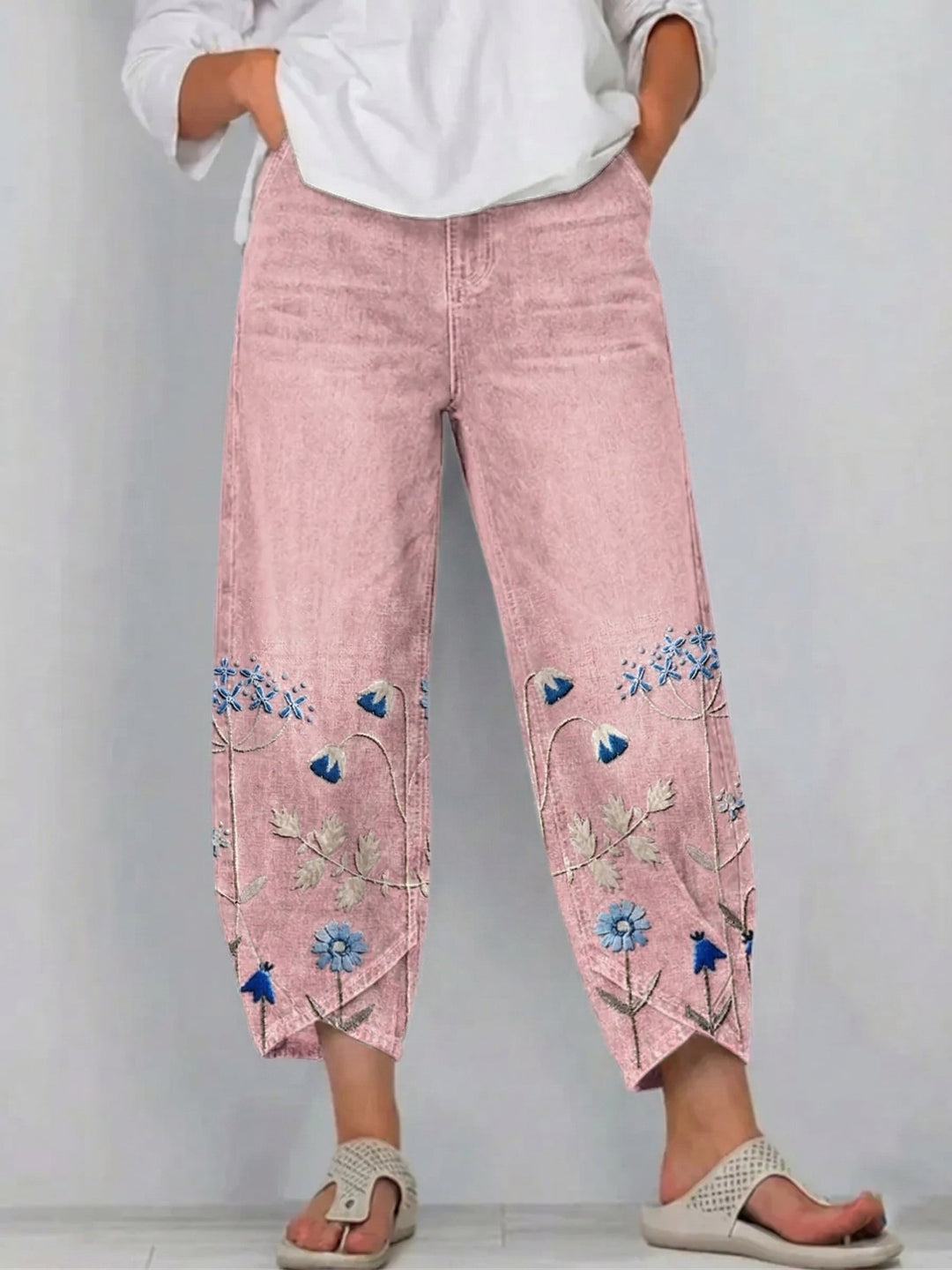 Dames cropped broek met bloemenborduursel en gesplitte zoom - afbeelding 2
