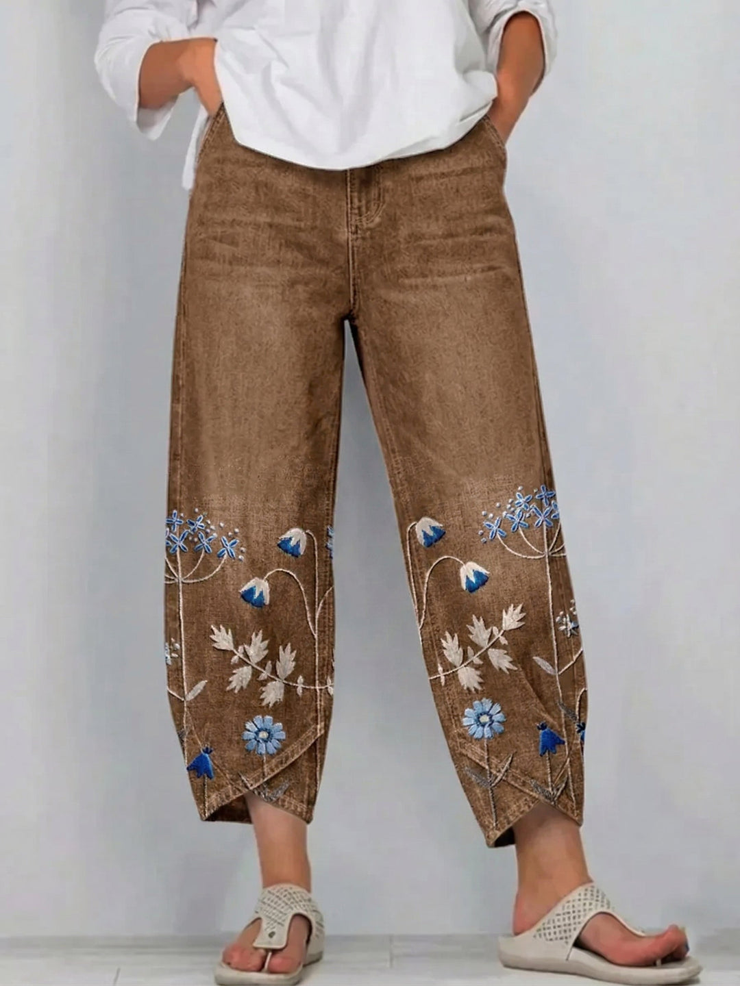 Dames cropped broek met bloemenborduursel en gesplitte zoom - afbeelding 7