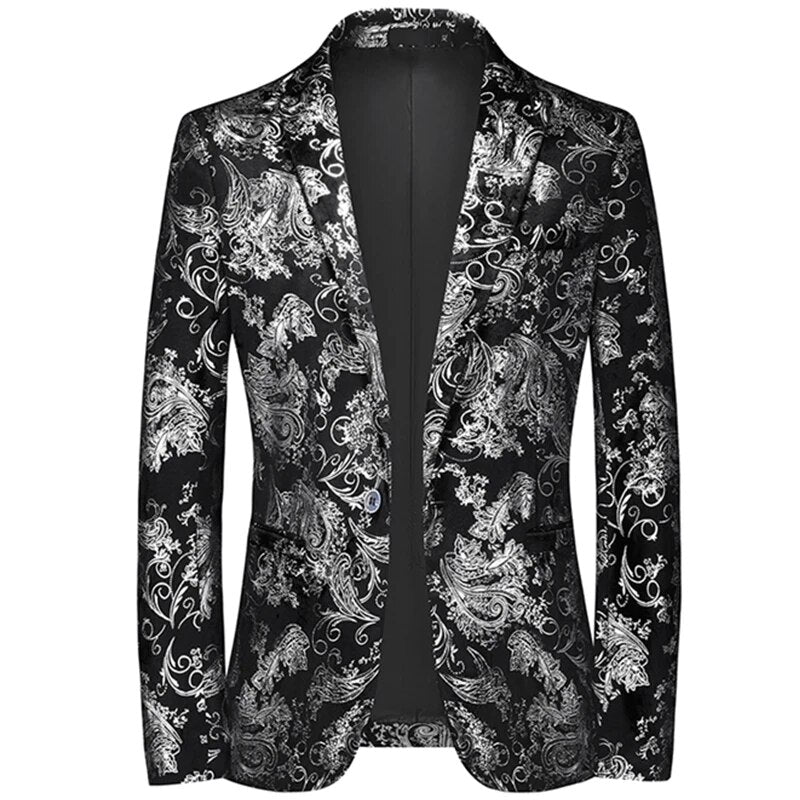 Zwarte herenblazer met zilveren bloemenprint vooraanzicht