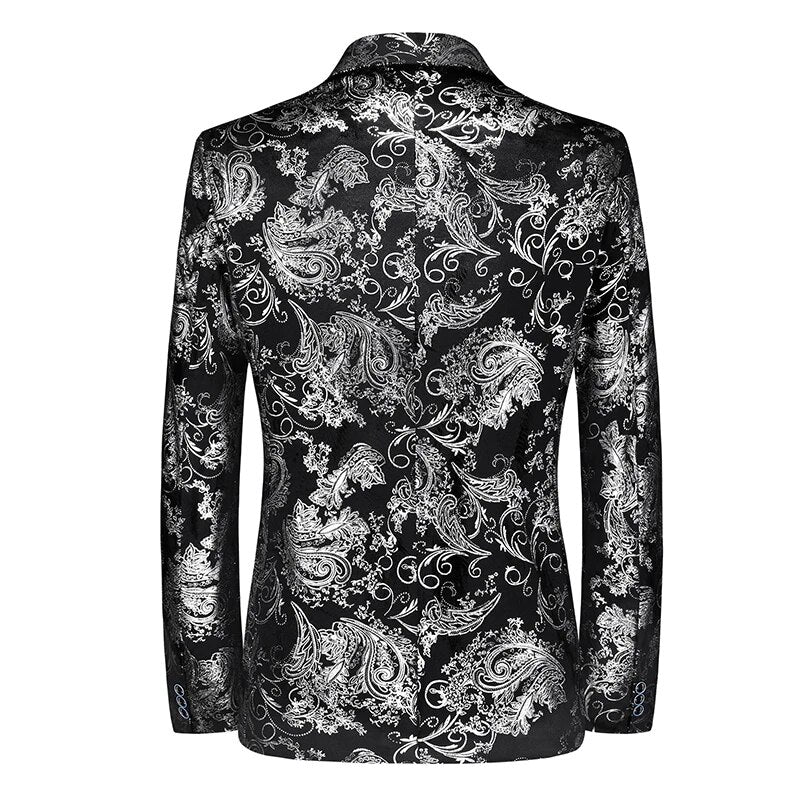 Achterkant van de herenblazer met zilveren bloemenprint
