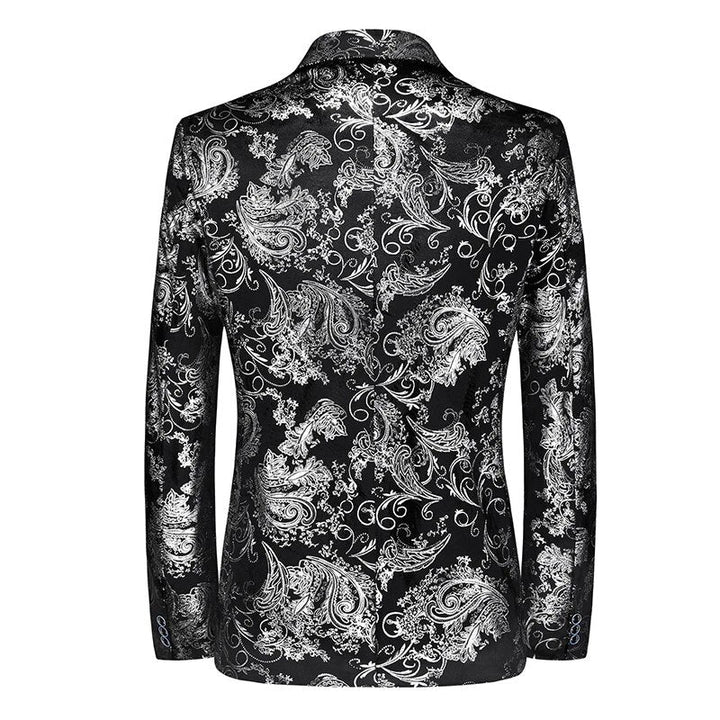Achterkant van de herenblazer met zilveren bloemenprint