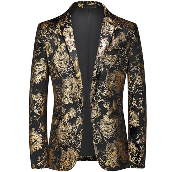 Zwarte herenblazer met gouden bloemenprint vooraanzicht