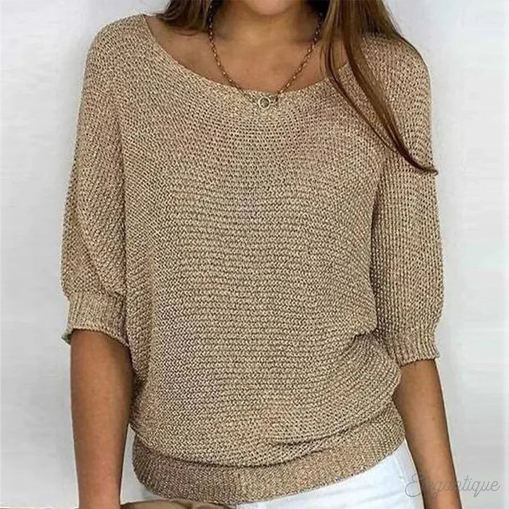 Dames Fijngebreide Trui Met Vleermuismouwen En Ronde Hals in Beige