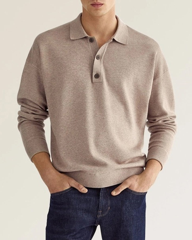 Heren polo sweater met lange mouwen en knoopsluiting