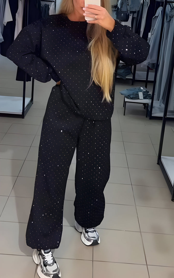Dames tweedelige set met strass sweater en wijde broek