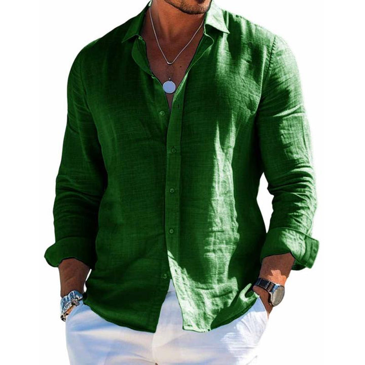 Heren Overhemd In Linnenlook Met Lange Mouwen En Klassieke Kraag in Groen