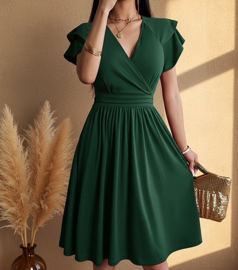 Dames Midi Jurk Met Overslag En Uitlopende Rok in Groen