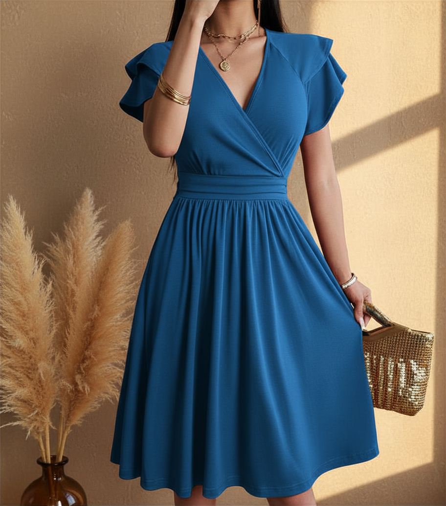 Dames Midi Jurk Met Overslag En Uitlopende Rok in Blauw