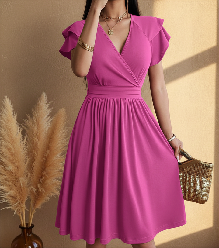 Dames Midi Jurk Met Overslag En Uitlopende Rok in Roze