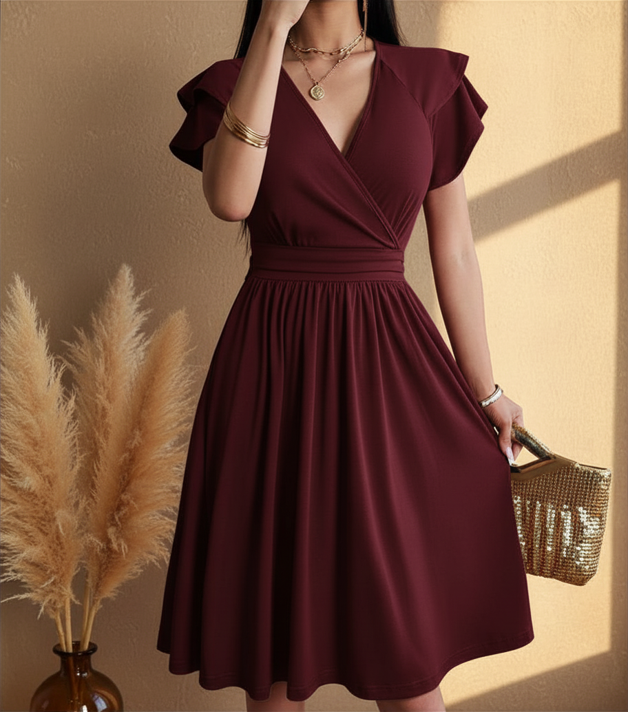 Dames Midi Jurk Met Overslag En Uitlopende Rok in Rood