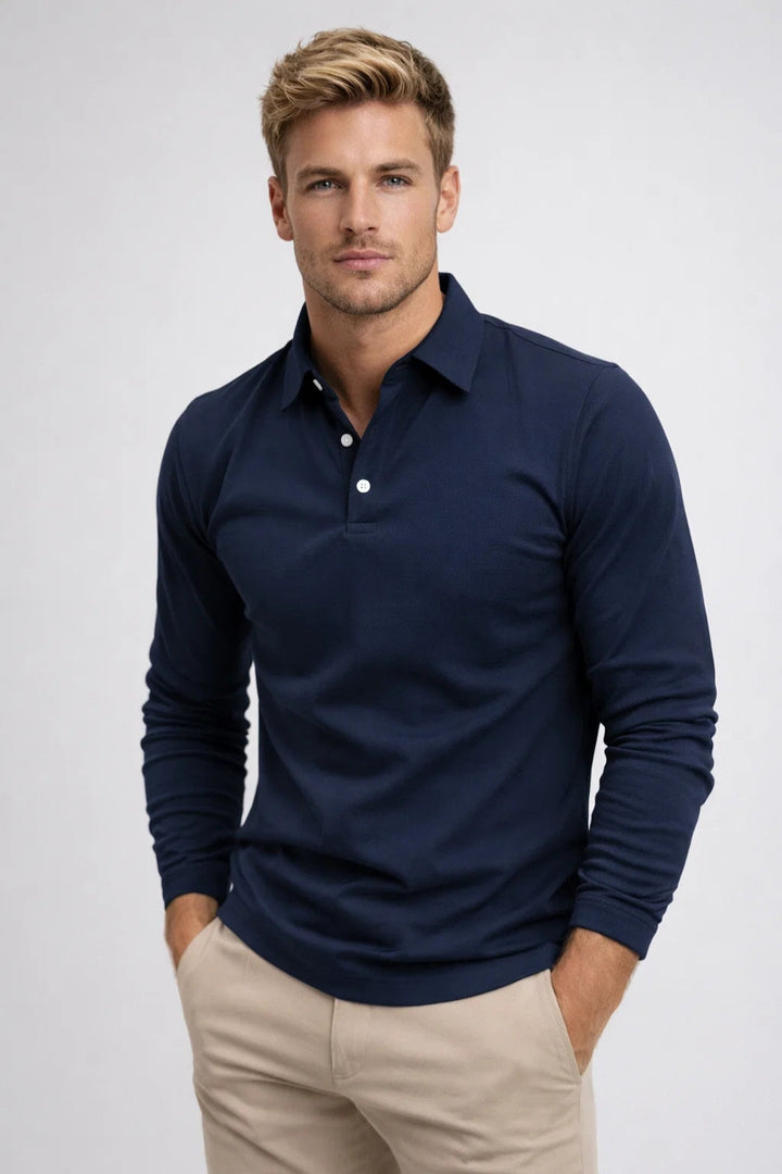 Heren Slim Fit Longsleeve Polo Met Klassieke Kraag En Knoopjes in Marineblauw