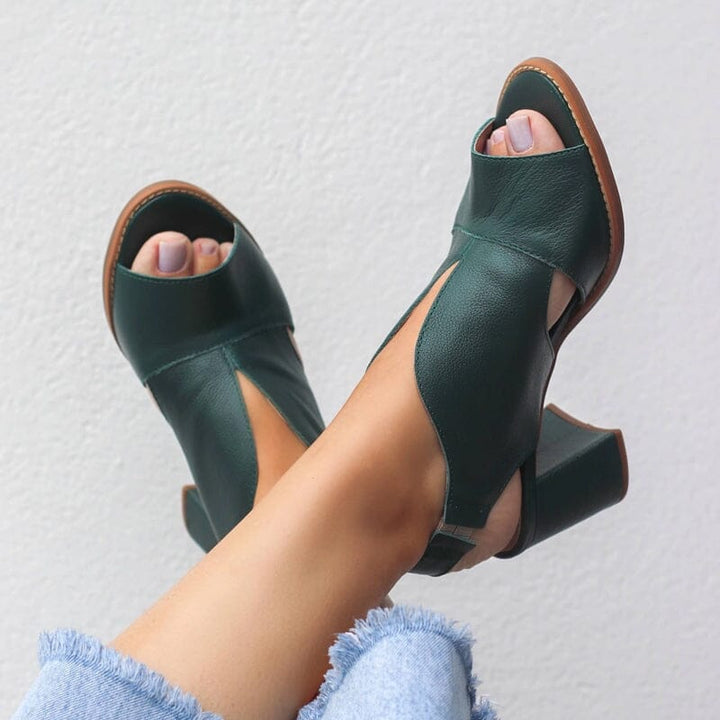 Dames Peeptoe Sandalen Met Stevige Blokhak En Slingback Bandje in Donkergroen
