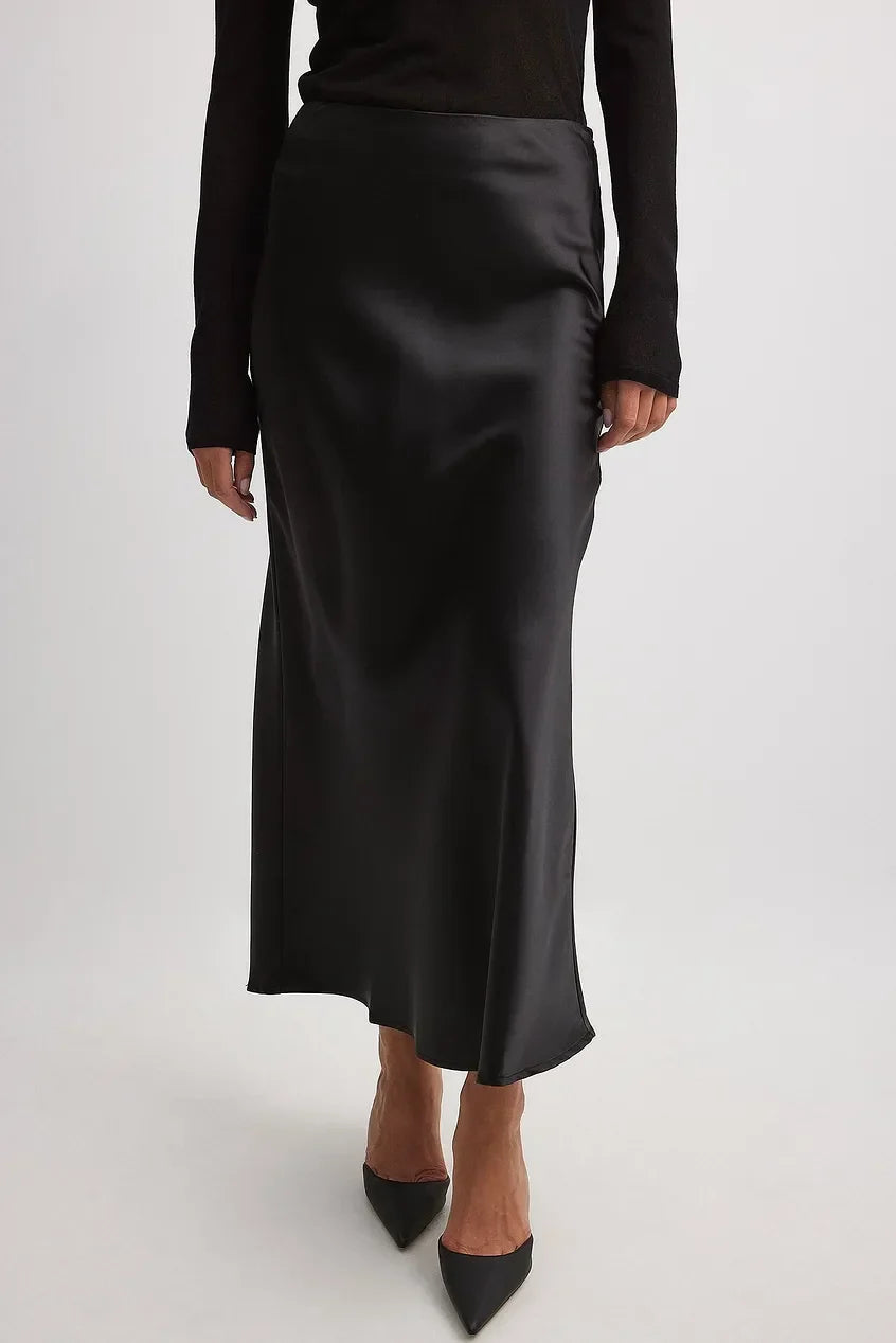 Dames satijnen rok met hoge taille en soepele val 14