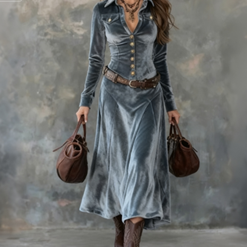Dames maxi overhemdjurk met velourslook - afbeelding 2