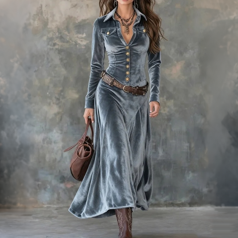 Dames maxi overhemdjurk met velourslook